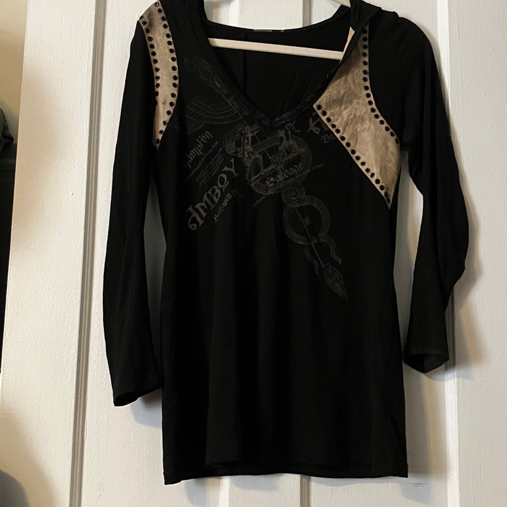 Salvage Black Hooded Long-Sleeve Top with Taupe Stud Accents